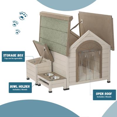 Show full view: Cesicia Outdoor Wooden Dog House with Storage & Bowls, Cream slide 3 of 7