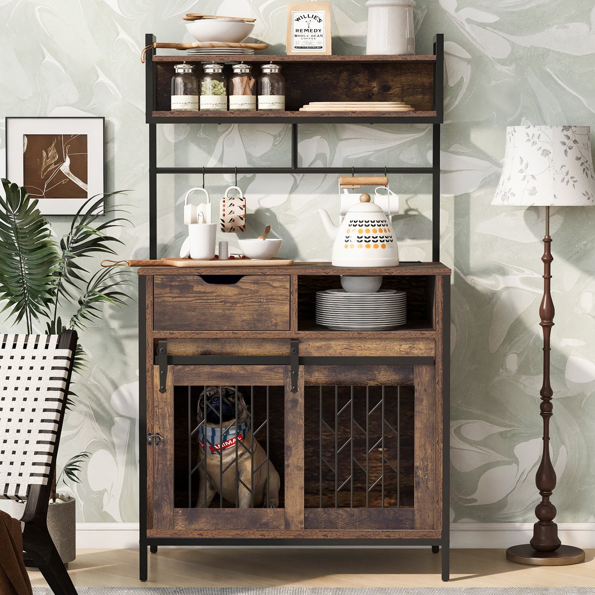 Cesicia Desk Hutch Furniture Style Dog Crate, Rustic Brown