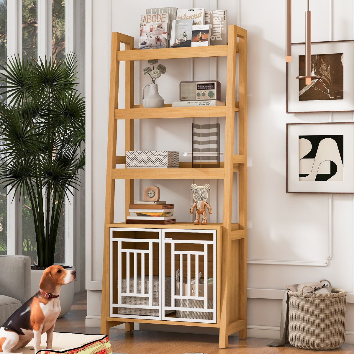 Cesicia Ladder Bookcase Furniture Style Dog Crate, Ancient Oak