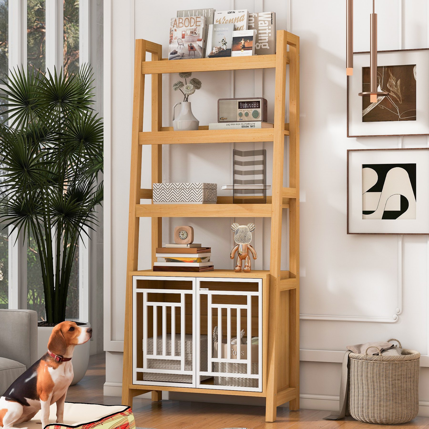 Cesicia Ladder Bookcase Furniture Style Dog Crate, Ancient Oak