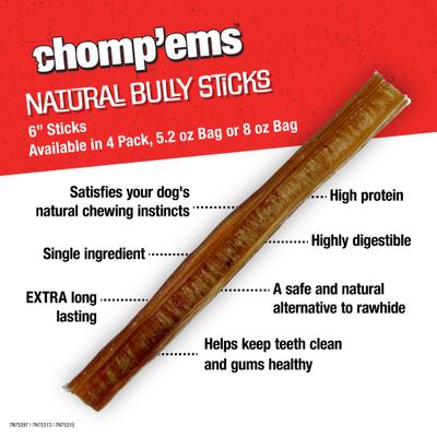 Show full view: Chomp'ems 6" Bully Stick Dog Treats, 4 count, bundle of 2 slide 4 of 7