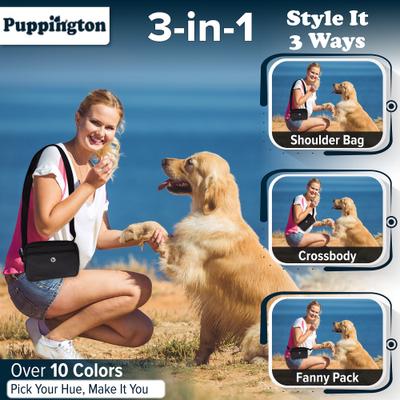 Show full view: Puppington 3-in-1 Crossbody Dog Walking Bag & Treat Pouch with Slow Feeding Travel Bowl & Matching Poop Bags, Onyx Black slide 2 of 9