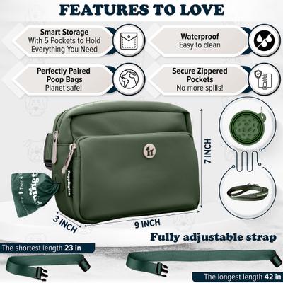 Show full view: Puppington 3-in-1 Crossbody Dog Walking Bag & Treat Pouch with Slow Feeding Travel Bowl, Reflective Leash & Matching Poop Bags, Basil Green slide 7 of 10