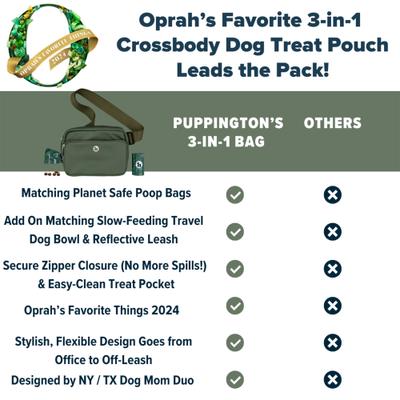 Show full view: Puppington 3-in-1 Crossbody Dog Walking Bag & Treat Pouch with Slow Feeding Travel Bowl, Reflective Leash & Matching Poop Bags, Basil Green slide 8 of 10