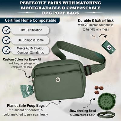 Show full view: Puppington 3-in-1 Crossbody Dog Walking Bag & Treat Pouch with Slow Feeding Travel Bowl, Reflective Leash & Matching Poop Bags, Basil Green slide 6 of 10