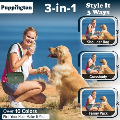 Show full view: Puppington 3-in-1 Crossbody Dog Walking Bag & Treat Pouch with Slow Feeding Travel Bowl, Reflective Leash & Matching Poop Bags, Basil Green slide 3 of 10
