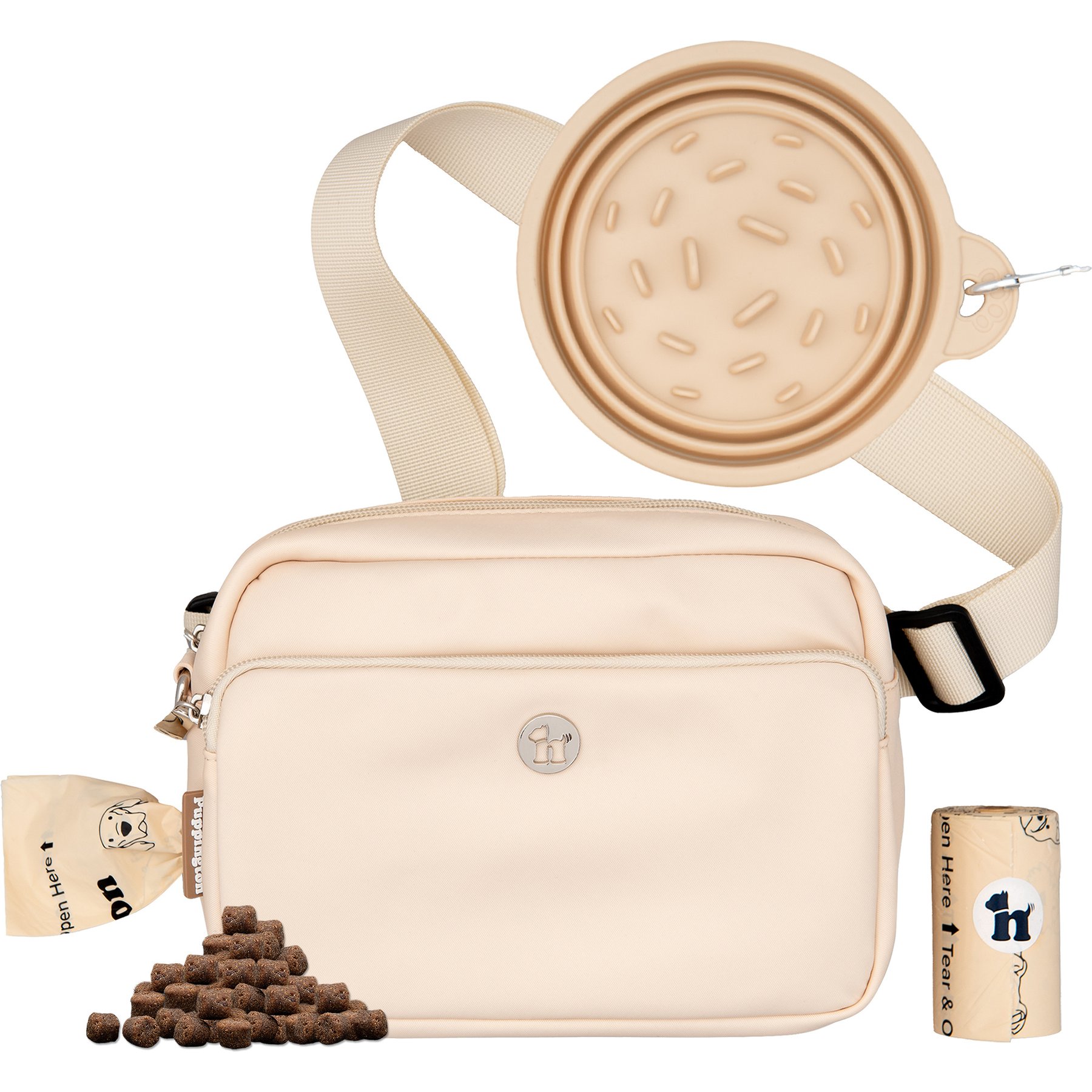 Puppington 3-in-1 Crossbody Dog Walking Bag & Treat Pouch with Slow Feeding Travel Bowl & Matching Poop Bags, Vanilla Cream