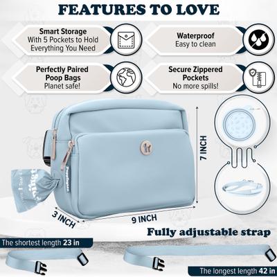 Show full view: Puppington 3-in-1 Crossbody Dog Walking Bag & Treat Pouch with Slow Feeding Travel Bowl, Reflective Leash & Matching Poop Bags, Ice Blue slide 7 of 10