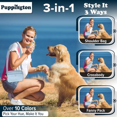 Show full view: Puppington 3-in-1 Crossbody Dog Walking Bag & Treat Pouch with Slow Feeding Travel Bowl, Reflective Leash & Matching Poop Bags, Ice Blue slide 3 of 10