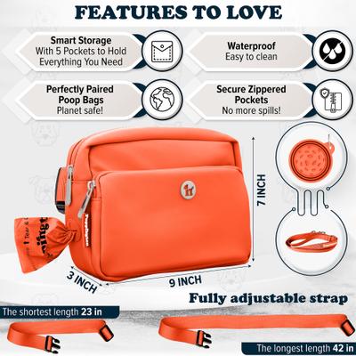 Show full view: Puppington 3-in-1 Crossbody Dog Walking Bag & Treat Pouch with Slow Feeding Travel Bowl, Reflective Leash & Matching Poop Bags, Poppy Orange slide 6 of 9
