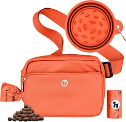 Puppington 3-in-1 Crossbody Dog Walking Bag & Treat Pouch with Slow Feeding Travel Bowl & Matching Poop Bags, Poppy Orange