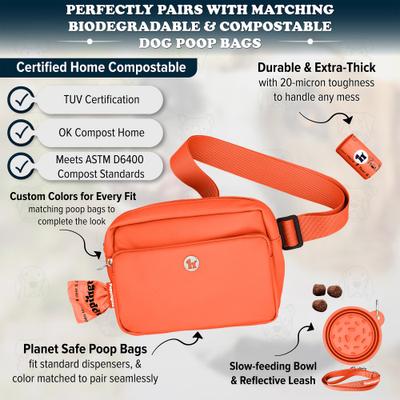 Show full view: Puppington 3-in-1 Crossbody Dog Walking Bag & Treat Pouch with Slow Feeding Travel Bowl, Reflective Leash & Matching Poop Bags, Poppy Orange slide 5 of 9