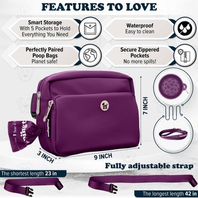 Show full view: Puppington 3-in-1 Crossbody Dog Walking Bag & Treat Pouch with Slow Feeding Travel Bowl & Matching Poop Bags, Plum Wine slide 6 of 9