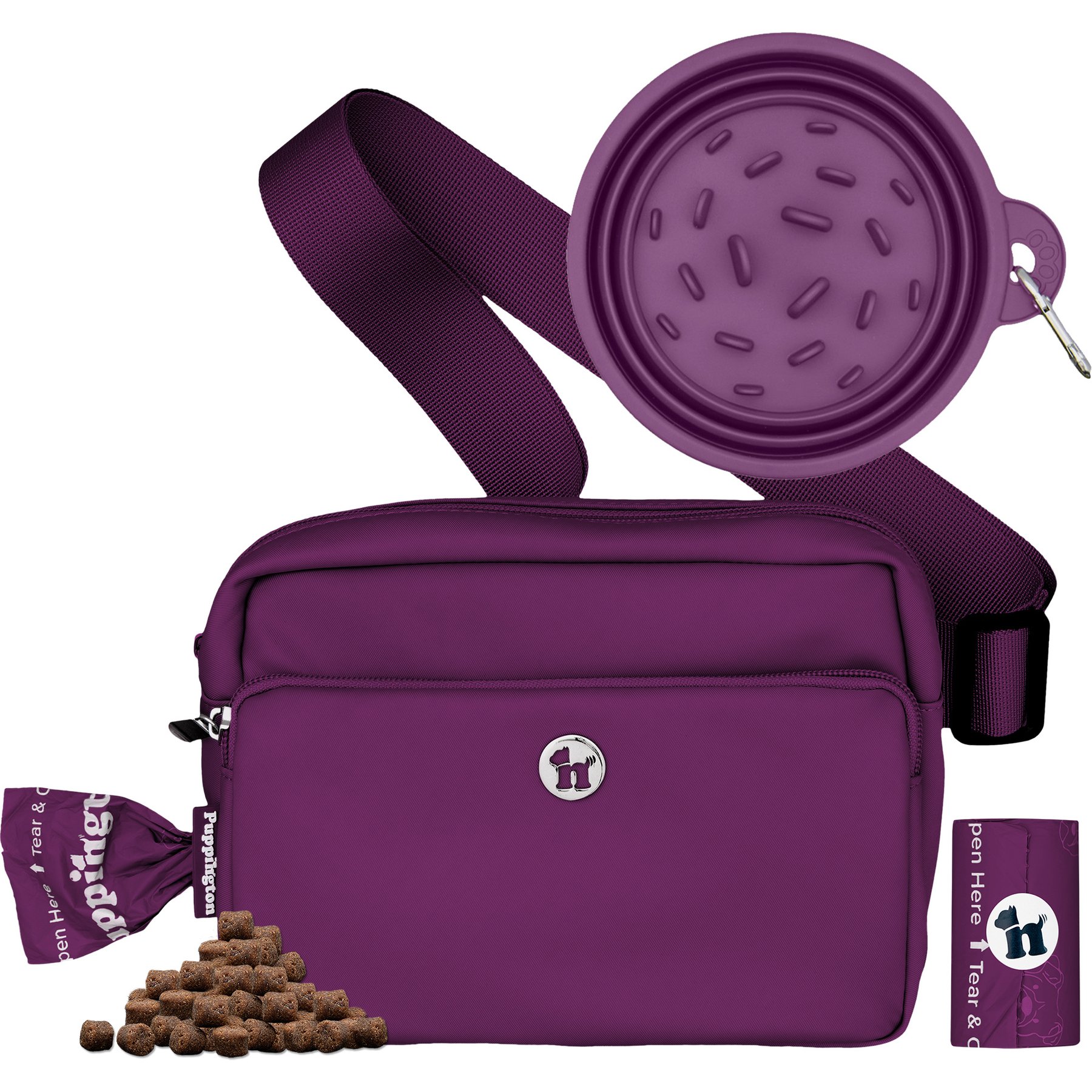 Puppington 3-in-1 Crossbody Dog Walking Bag & Treat Pouch with Slow Feeding Travel Bowl & Matching Poop Bags, Plum Wine