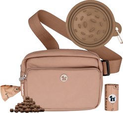 Puppington 3-in-1 Crossbody Dog Walking Bag & Treat Pouch with Slow Feeding Travel Bowl & Matching Poop Bags, Latte Beige