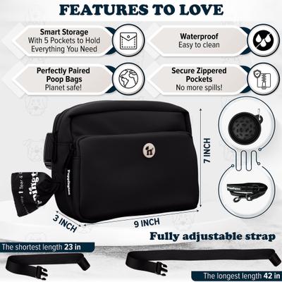 Show full view: Puppington 3-in-1 Crossbody Dog Walking Bag & Treat Pouch with Slow Feeding Travel Bowl & Matching Poop Bags, Onyx Black slide 6 of 9