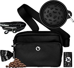Puppington 3-in-1 Crossbody Dog Walking Bag & Treat Pouch with Slow Feeding Travel Bowl, Reflective Leash & Matching Poop Bags, Onyx Black