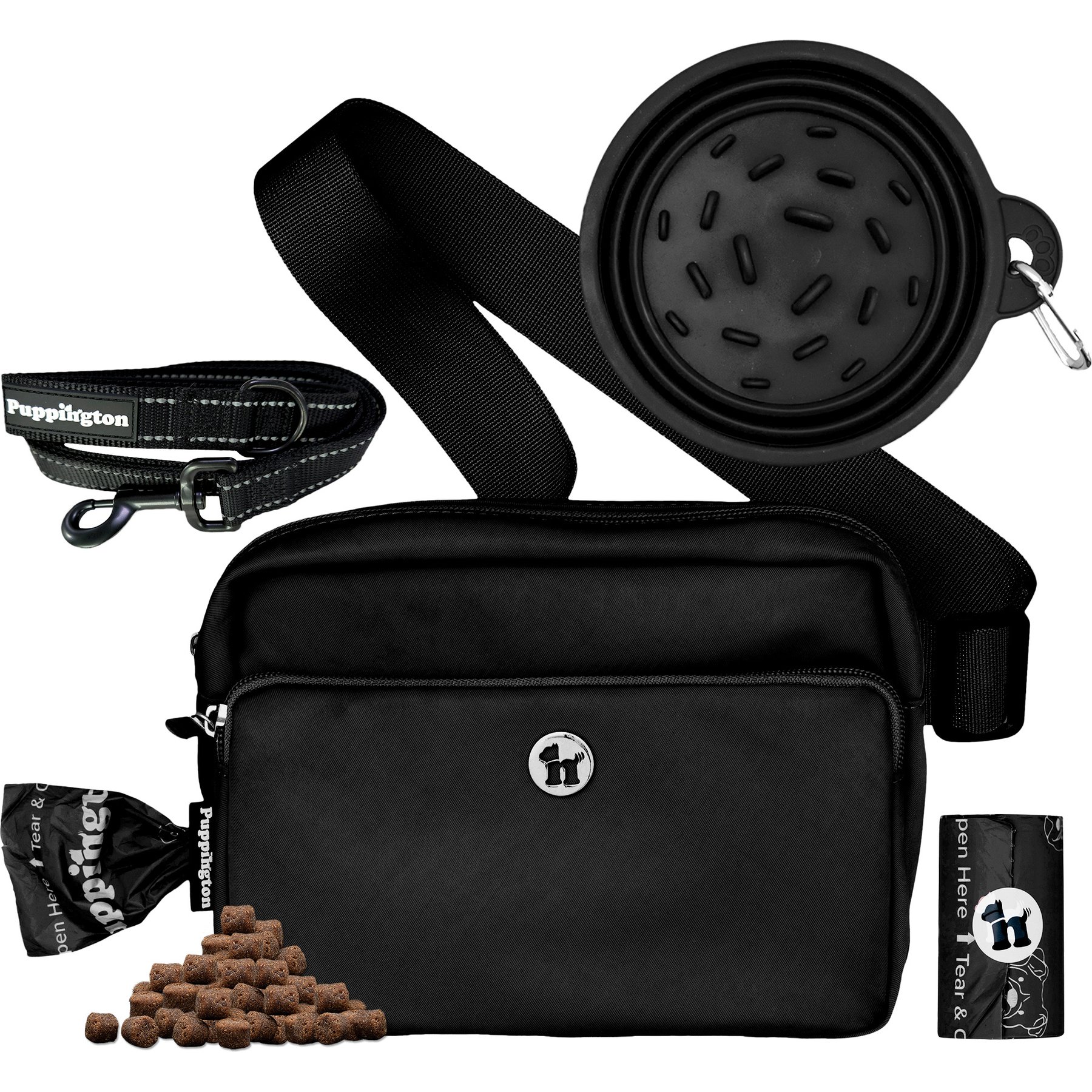 Puppington 3-in-1 Crossbody Dog Walking Bag & Treat Pouch with Slow Feeding Travel Bowl, Reflective Leash & Matching Poop Bags, Onyx Disco Dogs