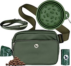 Puppington 3-in-1 Crossbody Dog Walking Bag & Treat Pouch with Slow Feeding Travel Bowl, Reflective Leash & Matching Poop Bags, Basil Green