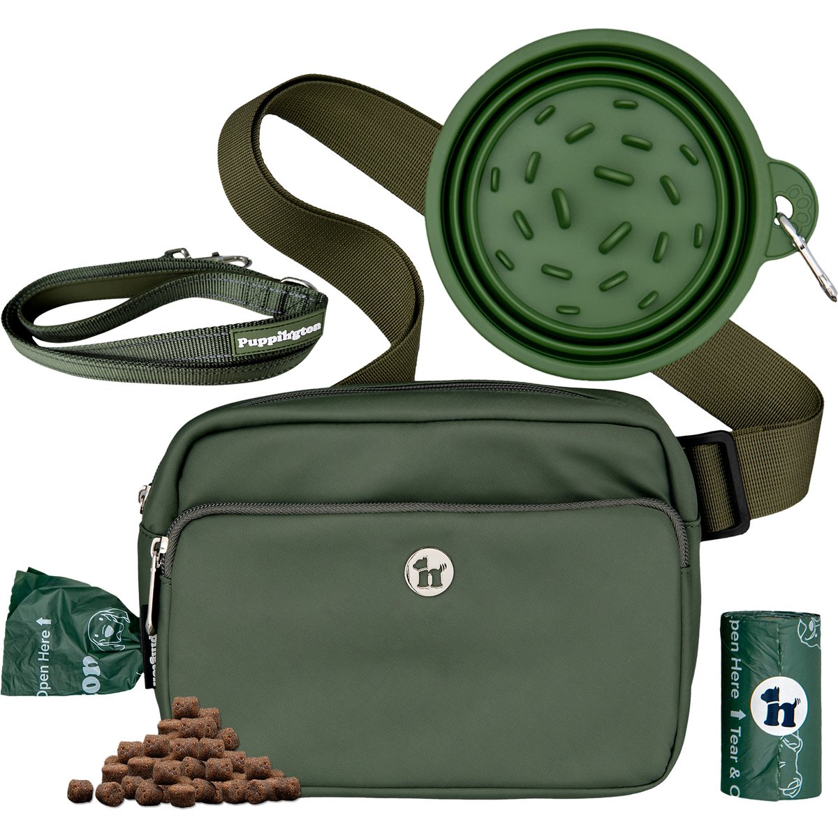 Puppington 3-in-1 Crossbody Dog Walking Bag & Treat Pouch with Slow Feeding Travel Bowl, Reflective Leash & Matching Poop Bags, Basil Green