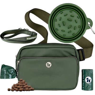 Puppington Puppington 3-in-1 Crossbody Dog Walking Bag & Treat Pouch with Slow Feeding Travel Bowl, Reflective Leash & Matching Poop Bags, Basil Green