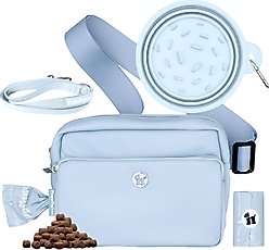 Puppington 3-in-1 Crossbody Dog Walking Bag & Treat Pouch with Slow Feeding Travel Bowl, Reflective Leash & Matching Poop Bags, Ice Blue