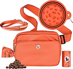 Puppington 3-in-1 Crossbody Dog Walking Bag & Treat Pouch with Slow Feeding Travel Bowl, Reflective Leash & Matching Poop Bags, Poppy Orange