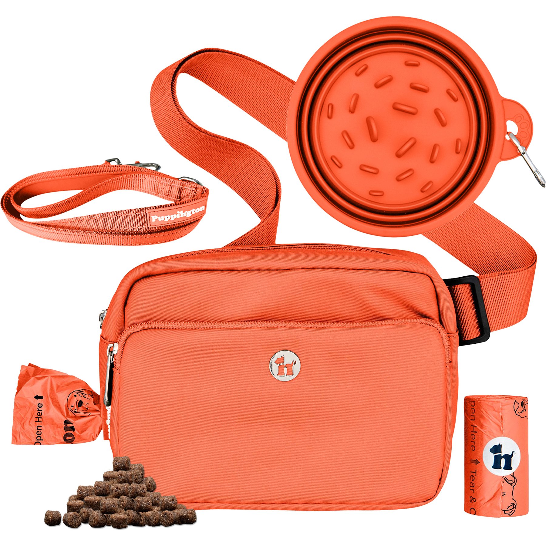 Puppington 3-in-1 Crossbody Dog Walking Bag & Treat Pouch with Slow Feeding Travel Bowl, Reflective Leash & Matching Poop Bags, Poppy Orange