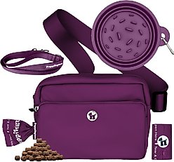 Puppington 3-in-1 Crossbody Dog Walking Bag & Treat Pouch with Slow Feeding Travel Bowl, Reflective Leash & Matching Poop Bags, Plum Wine