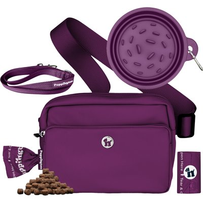 Puppington Puppington 3-in-1 Crossbody Dog Walking Bag & Treat Pouch with Slow Feeding Travel Bowl, Reflective Leash & Matching Poop Bags, Plum Wine