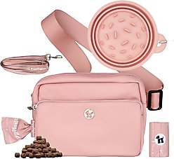 Puppington 3-in-1 Crossbody Dog Walking Bag & Treat Pouch with Slow Feeding Travel Bowl, Reflective Leash & Matching Poop Bags, Blush Pink