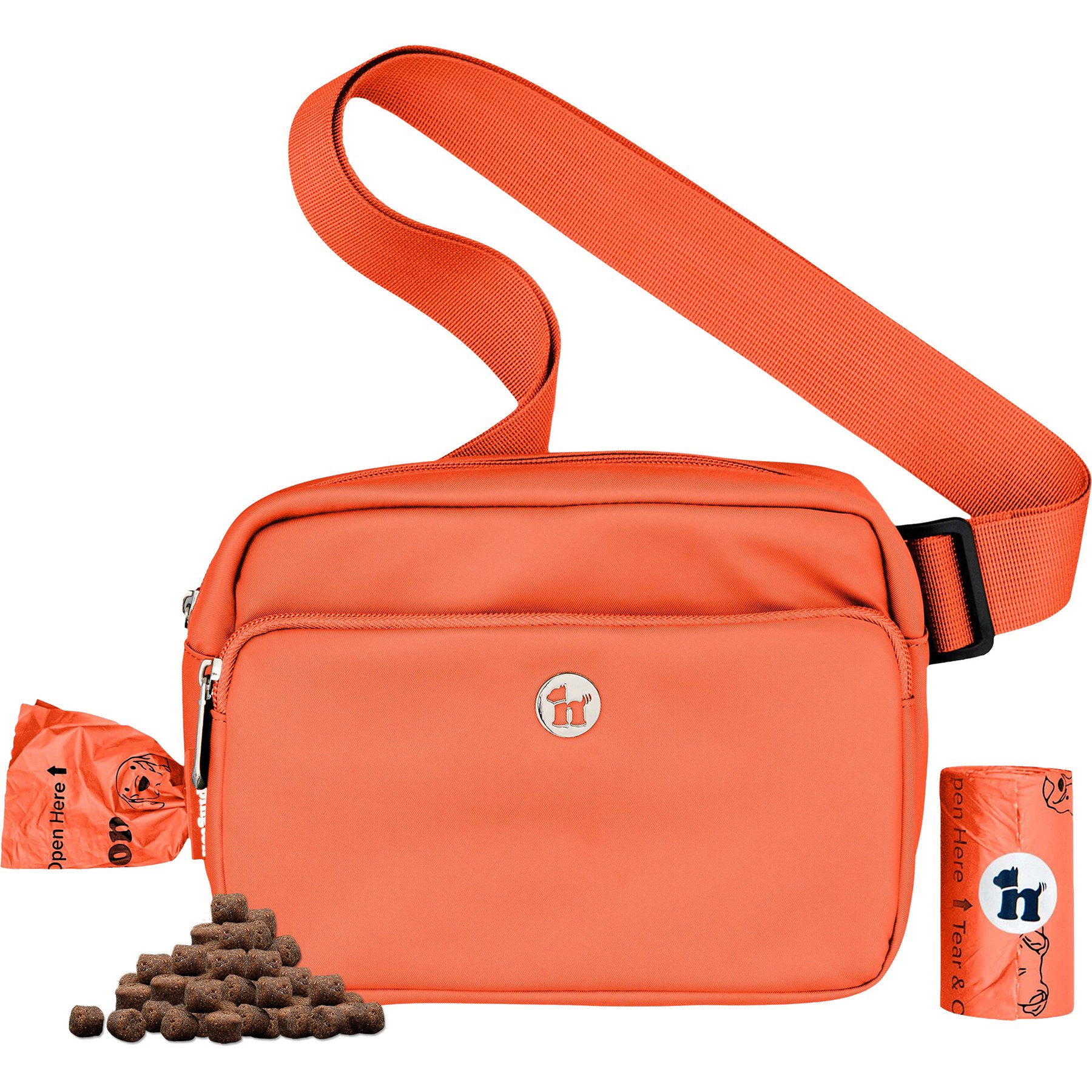 Puppington 3-in-1 Crossbody Dog Walking Bag & Treat Pouch with Matching Poop Bags, Poppy Orange