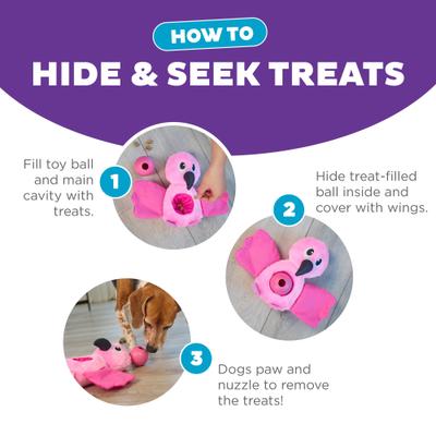 Show full view: Outward Hound Hide-Ablez Plush Puzzle with Treat Ball, Flamingo Dog Toy, Pink slide 4 of 9