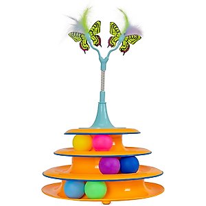 Catstages 2-in-1 Flutter Interactive & Topper for Ball Track, Bat & Swat Bouncy Spring with Feathers & Butterflies Cat Toy, Blue