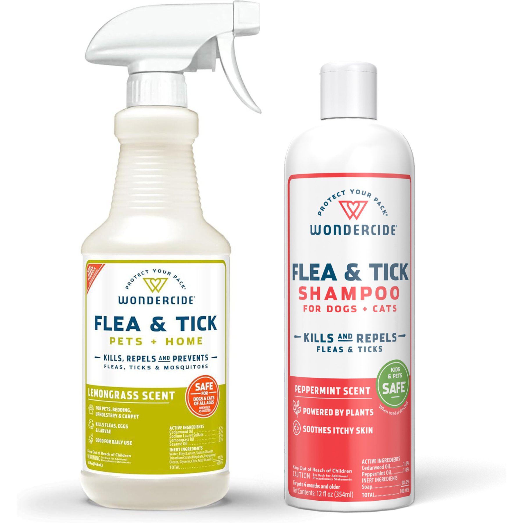 Wondercide Natural Flea & Tick with Essential Oils Shampoo, Peppermint, 12-fl oz bottle + Flea, Tick & Mosquito Spray for Dogs & Cats, Lemongrass, 16-fl oz bottle