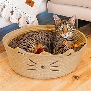 Catstages Retreat 2-in-1 Bolster with Removable Cover, Cushion, Plush & Cotton Rope Cat Bed, Tan
