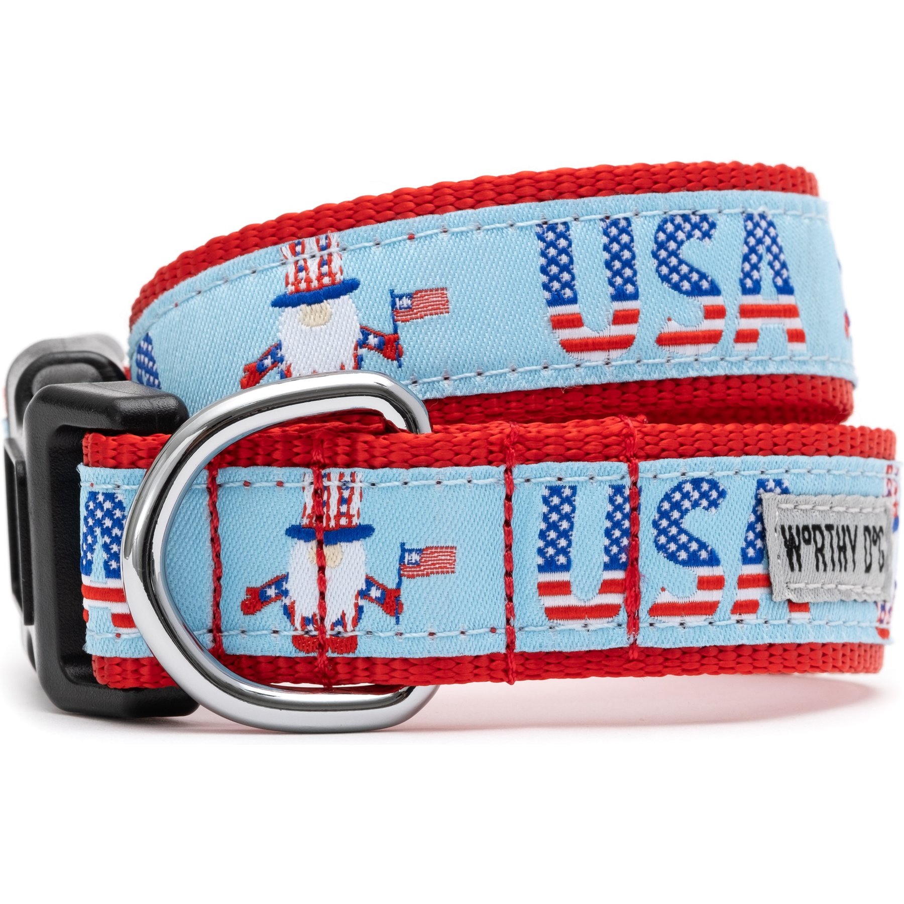 The Worthy Dog Uncle Sam Gnome Dog Collar, Red/White/Blue, X-Large: 17 to 23-in neck, 1-in wide