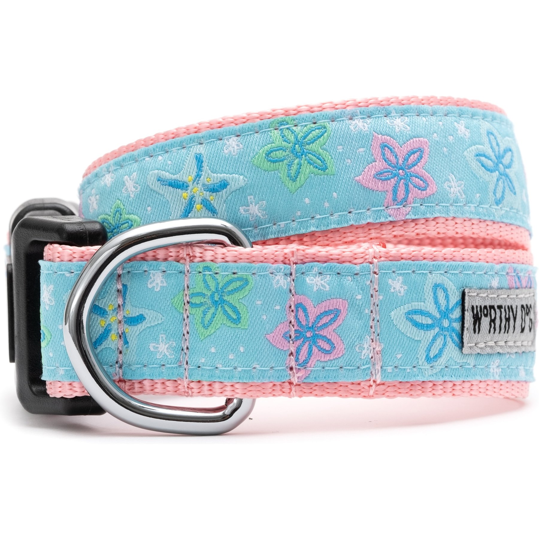 The Worthy Dog Starfish Floral Dog Collar, Blue, Large: 14 to 20-in neck, 1-in wide