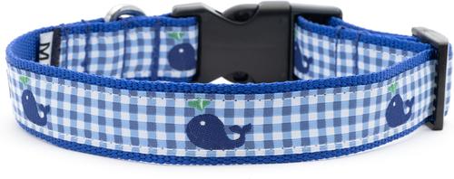 Show full view: The Worthy Dog Gingham Whales Dog Collar, Blue, Small: 8 to 14-in neck, 5/8-in wide slide 5 of 6