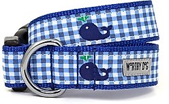 The Worthy Dog Gingham Whales Dog Collar, Blue, Medium: 11 to 17-in neck, 1-in wide