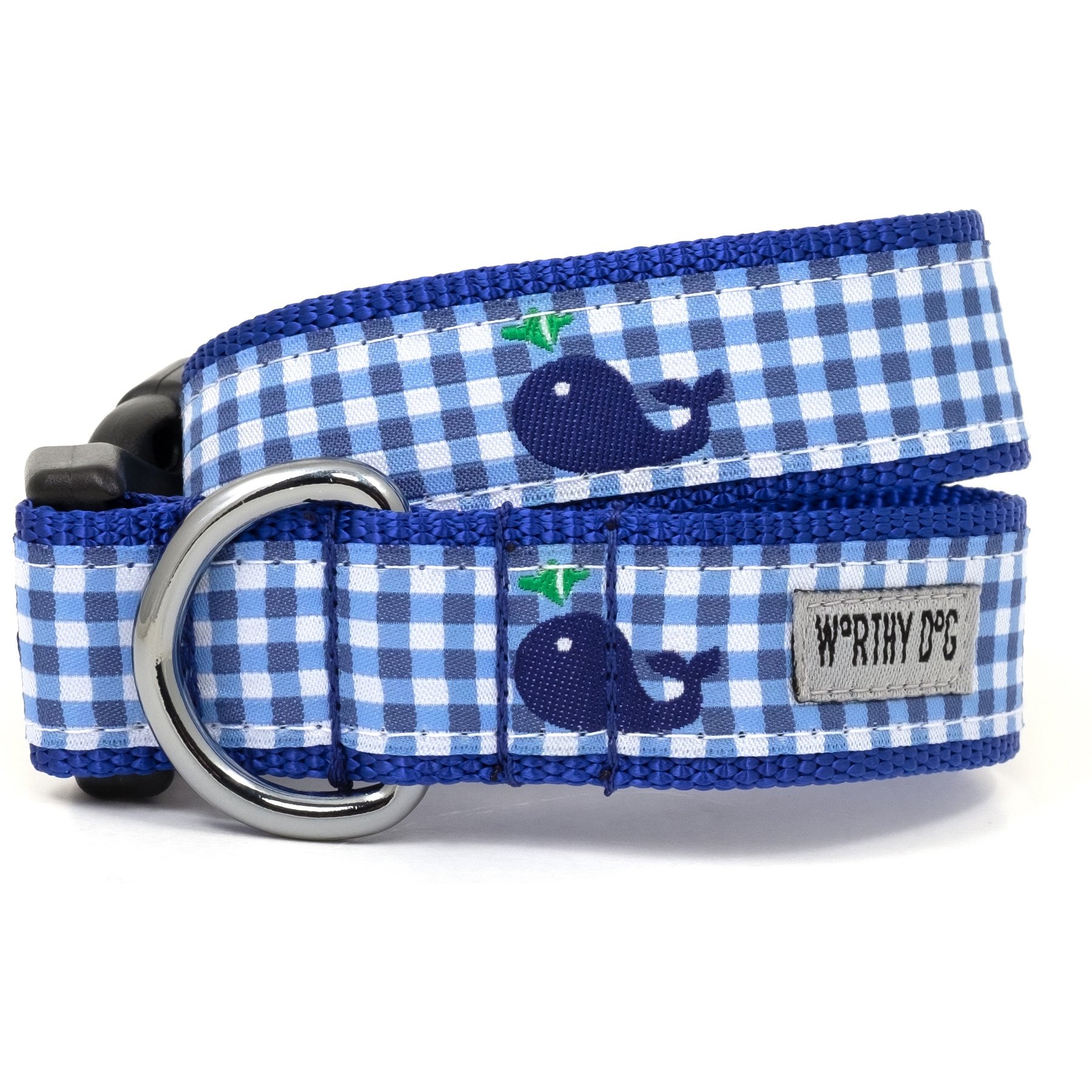 The Worthy Dog Gingham Whales Dog Collar, Blue, X-Small: 5 to 11-in neck, 1/2-in wide
