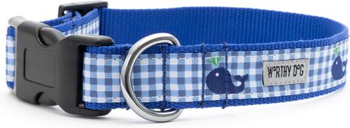Show full view: The Worthy Dog Gingham Whales Dog Collar, Blue, Small: 8 to 14-in neck, 5/8-in wide slide 3 of 6