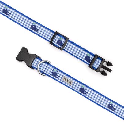 Show full view: The Worthy Dog Gingham Whales Dog Collar, Blue, Small: 8 to 14-in neck, 5/8-in wide slide 4 of 6