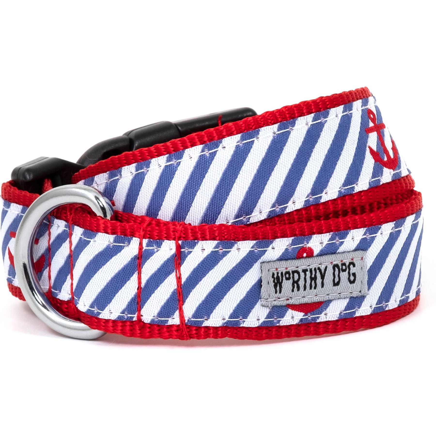 The Worthy Dog Navy Stripe Anchors Dog Collar, Navy, Small: 8 to 14-in neck, 5/8-in wide