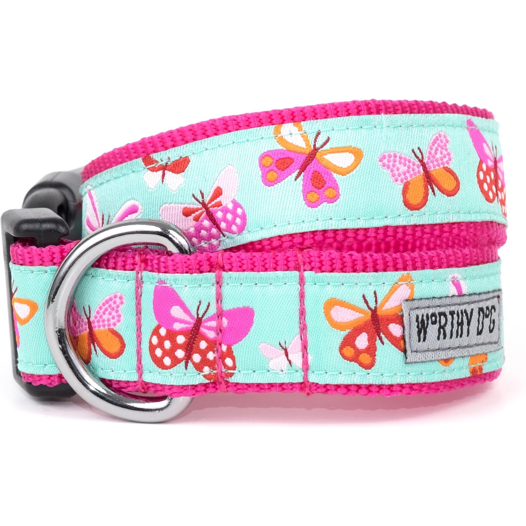 The Worthy Dog Butterflies Dog Collar, Pale Blue, Medium: 11 to 17-in neck, 1-in wide