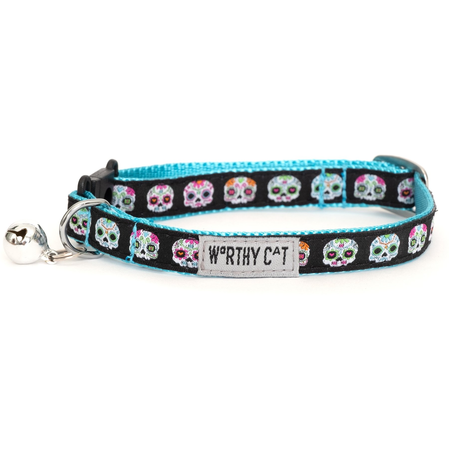 The Worthy Dog Skeletons Cat Collar, Black, 9 to 11-in neck, 1/2-in wide