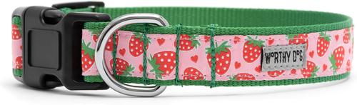 Show full view: The Worthy Dog Strawberries Dog Collar, Pink, Medium: 11 to 17-in neck, 1-in wide slide 2 of 4