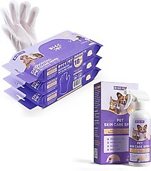 HICC PET Portable Deodorizing Glove Grooming Wipes, Rose Scented, 6 count, 3 pack + Skin Care Relief Cat & Dog Spray, 16-oz bottle