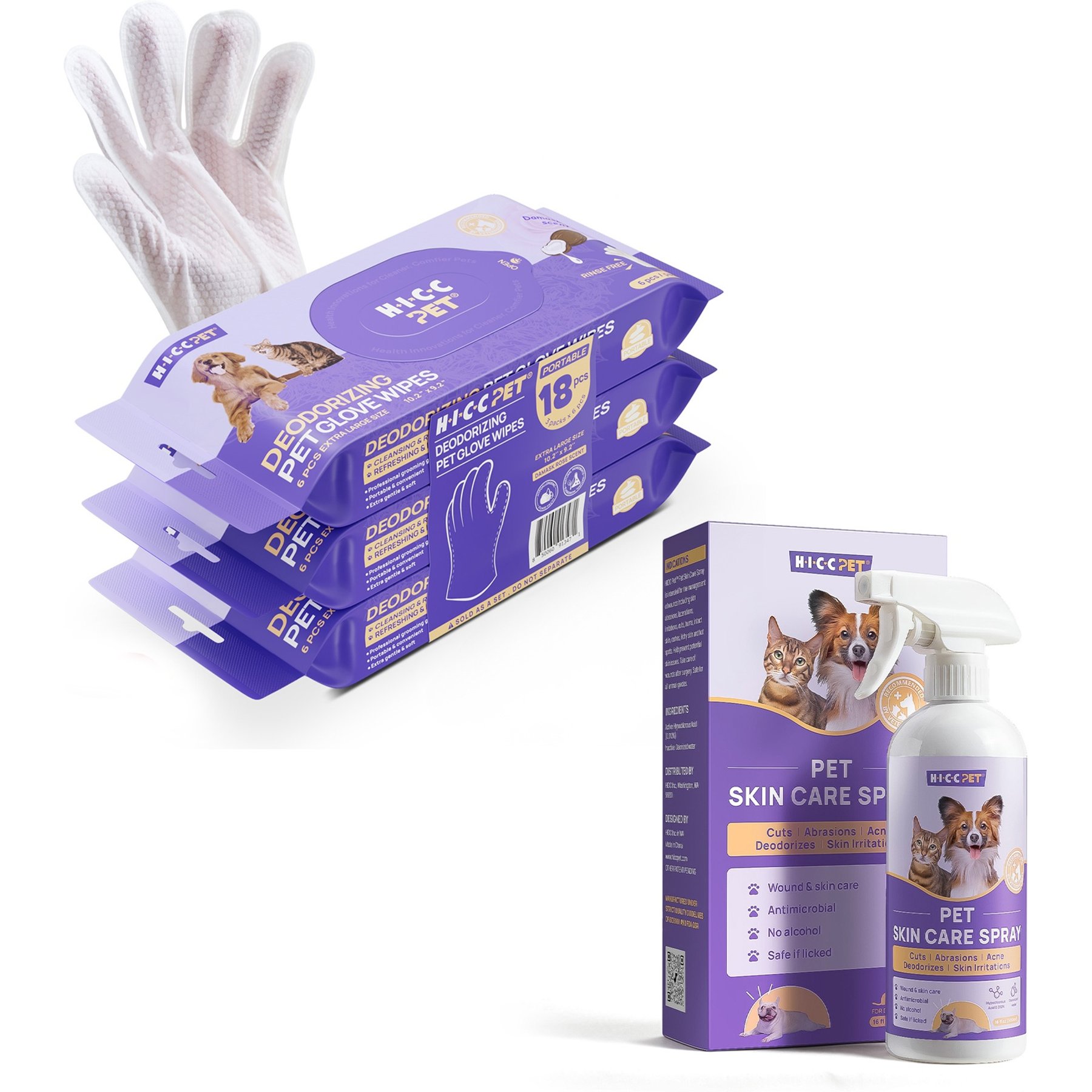 HICC PET Portable Deodorizing Glove Grooming Wipes, Rose Scented, 6 count, 3 pack + Skin Care Relief Cat & Dog Spray, 16-oz bottle