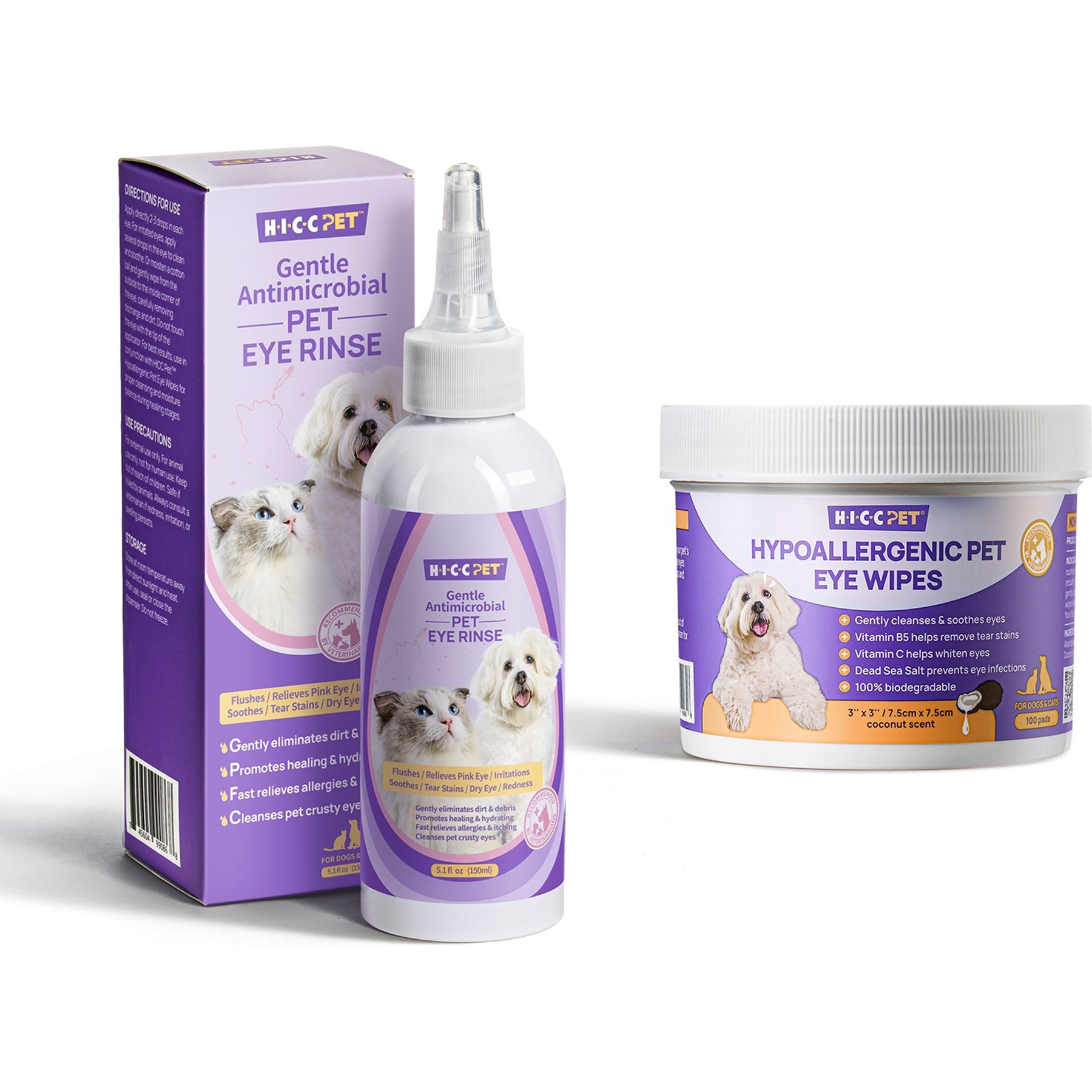 HICC PET Gentle Antimicrobial Eye Rinse, 5.1-fl oz bottle + Hypoallergenic Dog & Cat Eye Wipes, 100 count